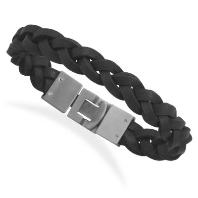 8.5" Braided Black Leather Bracelet with Stainless Steel Closure W2091